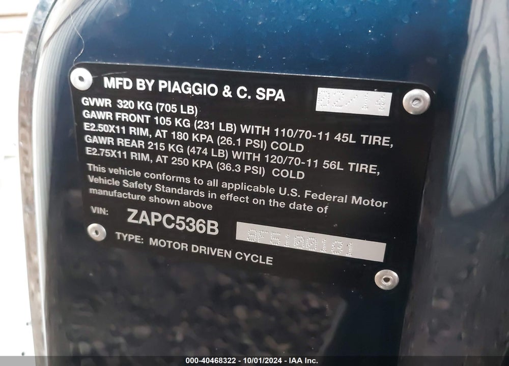 2015 VESPA PRIMAVERA 50 4V IE VIN: ZAPC536B9F5100181