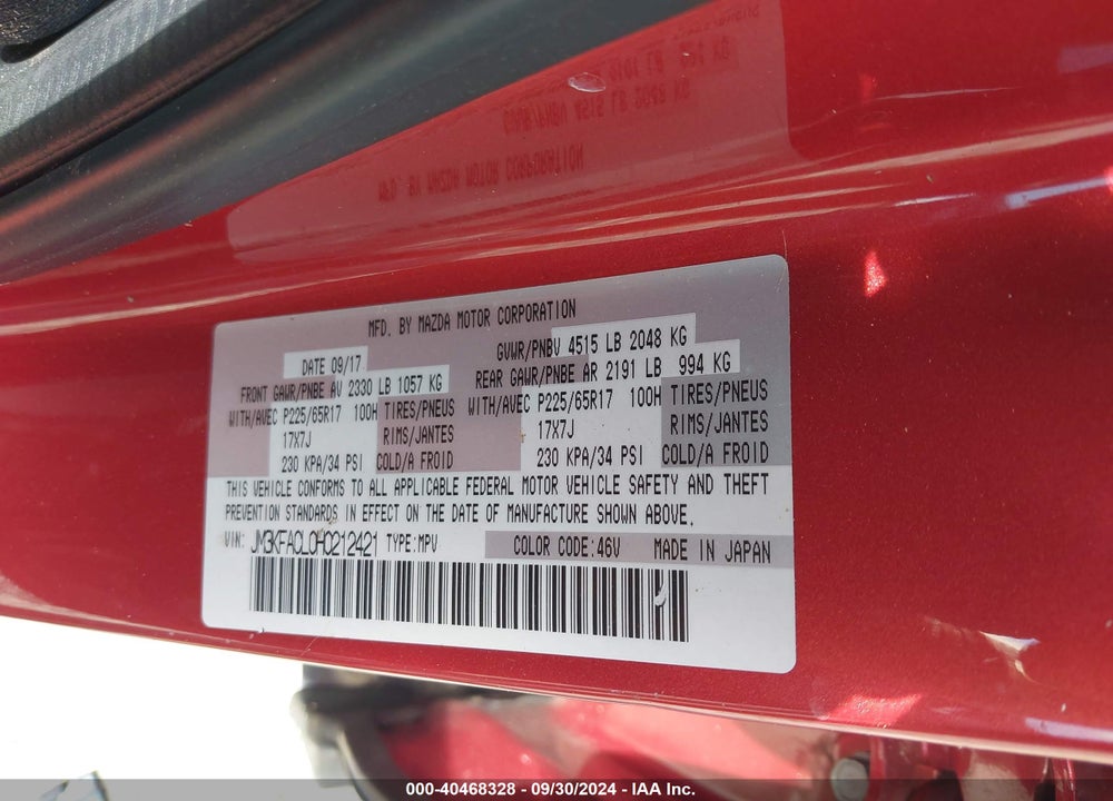 2017 MAZDA CX-5 TOURING VIN: JM3KFACL0H0212421