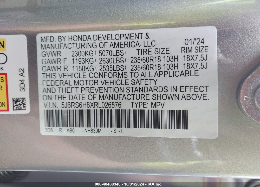 2024 HONDA CR-V HYBRID SPORT-L VIN: 5J6RS6H8XRL026576