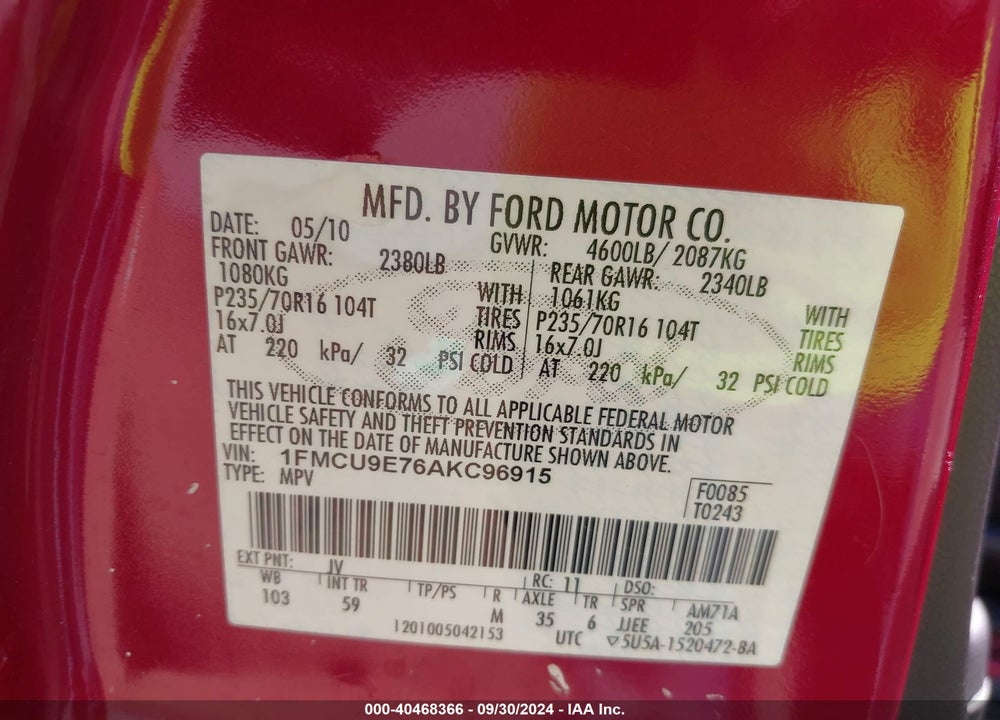 2010 FORD ESCAPE LIMITED VIN: 1FMCU9E76AKC96915