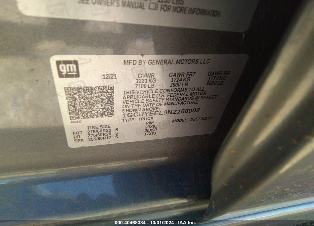 2022 CHEVROLET SILVERADO 1500 LTD 4WD SHORT BED RST VIN: 1GCUYEEL9NZ158902