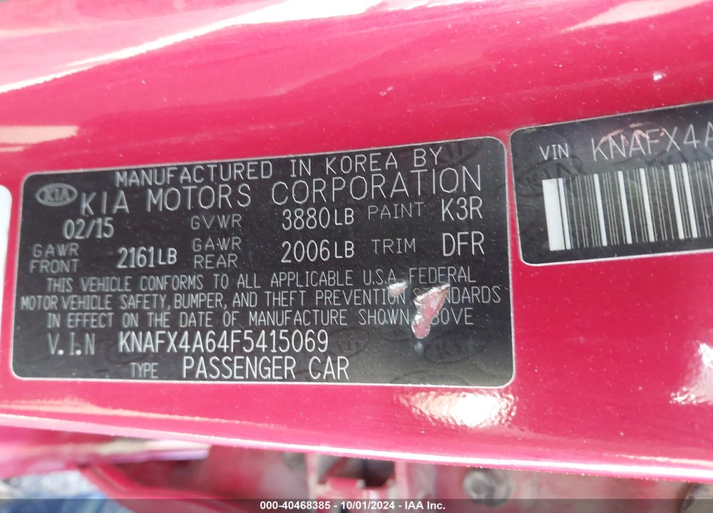 2015 KIA FORTE LX VIN: KNAFX4A64F5415069