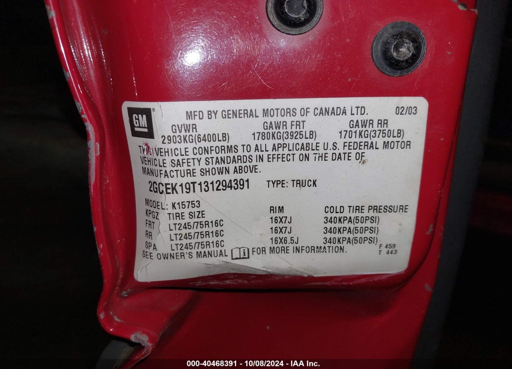 2003 CHEVROLET SILVERADO 1500 LS VIN: 2GCEK19T131294391
