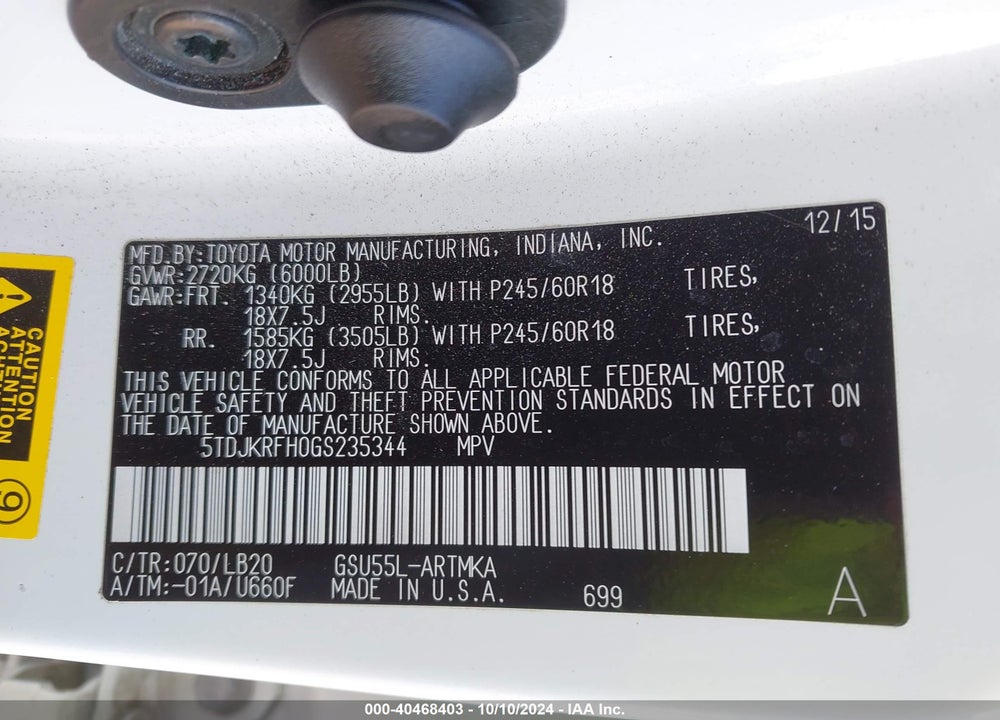 2016 TOYOTA HIGHLANDER XLE V6 VIN: 5TDJKRFH0GS235344