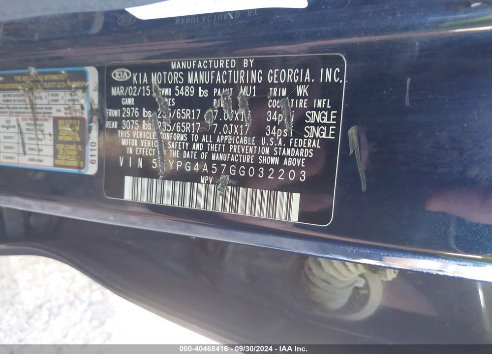 2016 KIA SORENTO 3.3L LX VIN: 5XYPG4A57GG032203