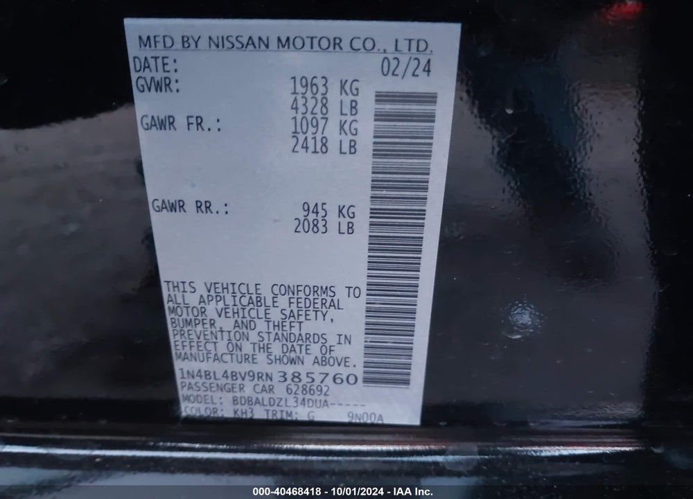 2024 NISSAN ALTIMA S FWD VIN: 1N4BL4BV9RN385760