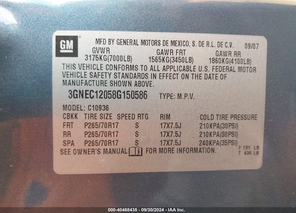 2008 CHEVROLET AVALANCHE 1500 LS VIN: 3GNEC12058G150586