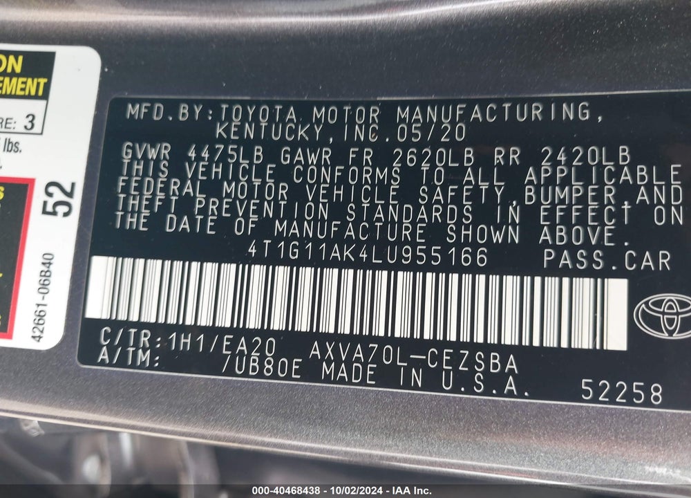 2020 TOYOTA CAMRY SE VIN: 4T1G11AK4LU955166