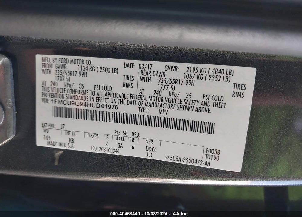 2017 FORD ESCAPE VIN: 1FMCU9G94HUD41976