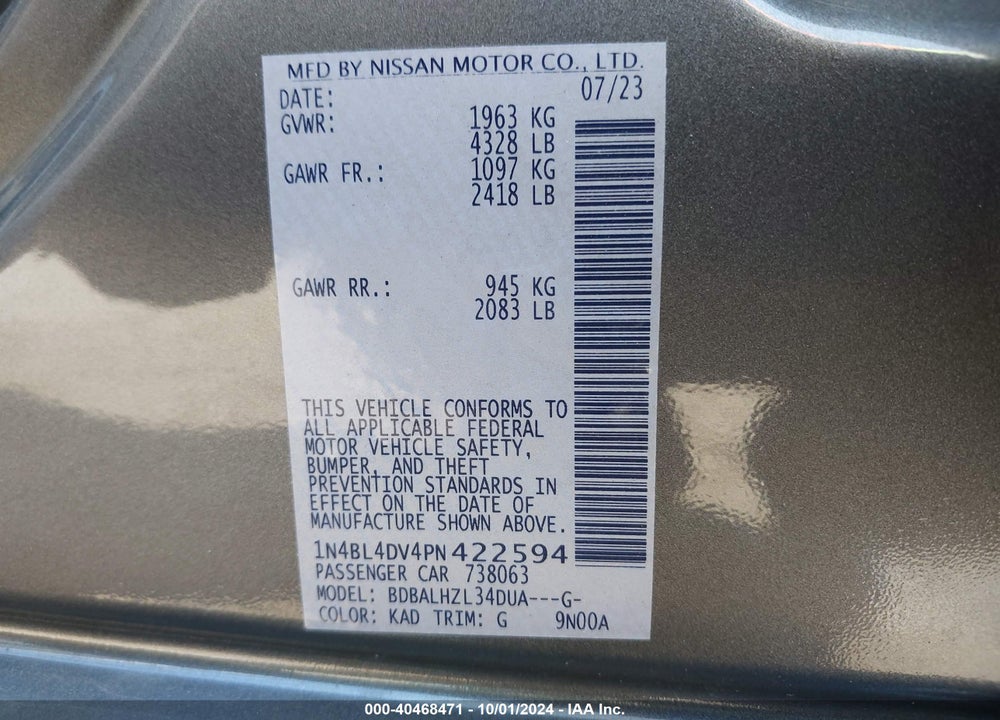 2023 NISSAN ALTIMA SV FWD VIN: 1N4BL4DV4PN422594