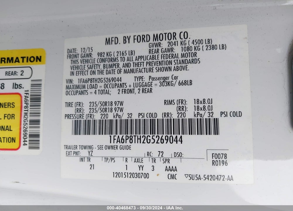 2016 FORD MUSTANG ECOBOOST VIN: 1FA6P8TH2G5269044