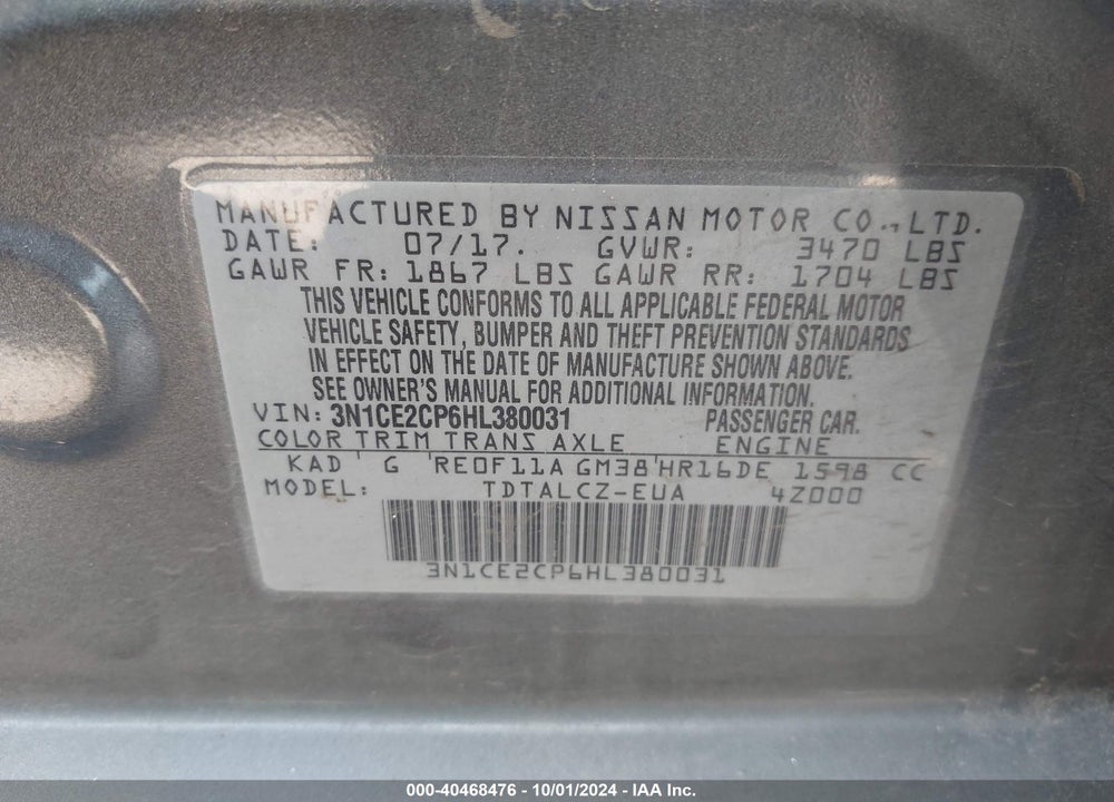 2017 NISSAN VERSA NOTE S PLUS VIN: 3N1CE2CP6HL380031