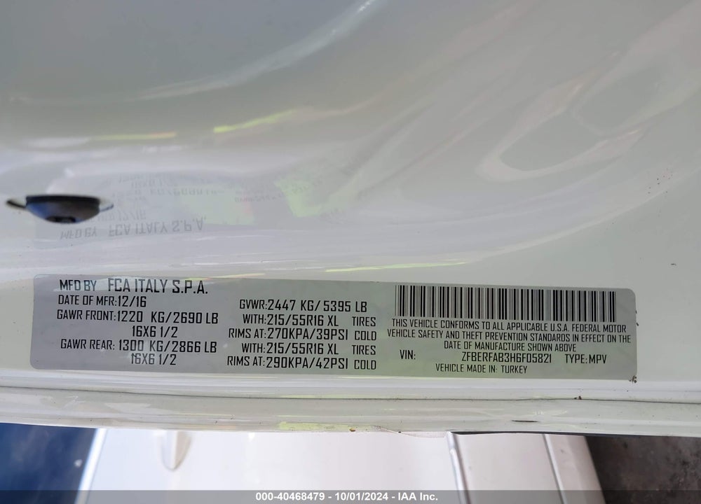 2017 RAM PROMASTER CITY TRADESMAN VIN: ZFBERFAB3H6F05821