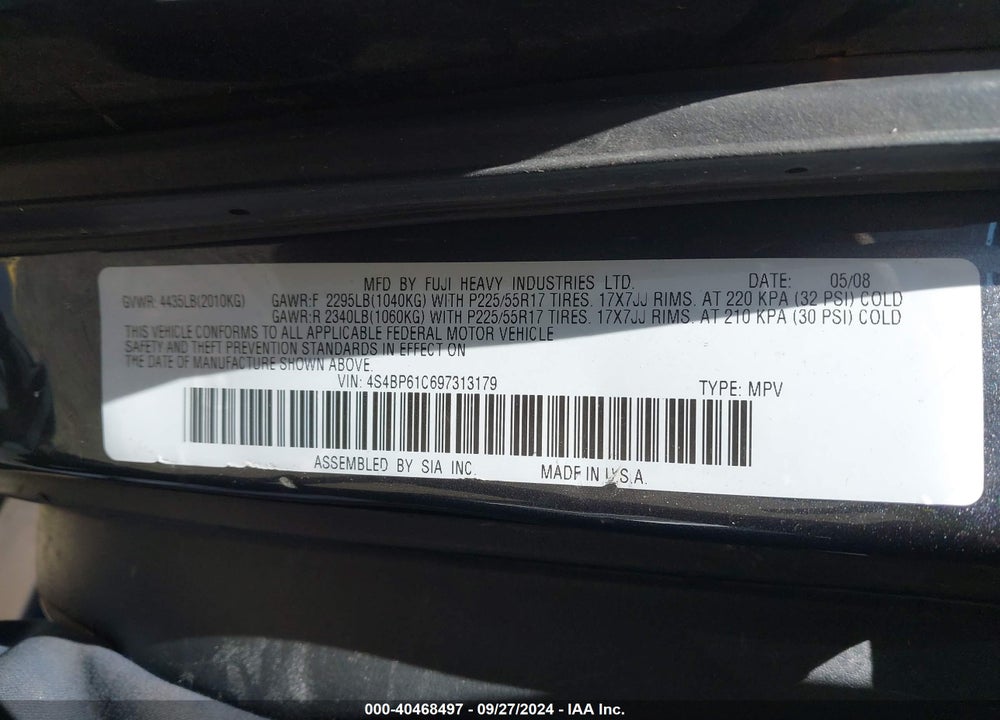 2009 SUBARU OUTBACK 2.5I VIN: 4S4BP61C697313179