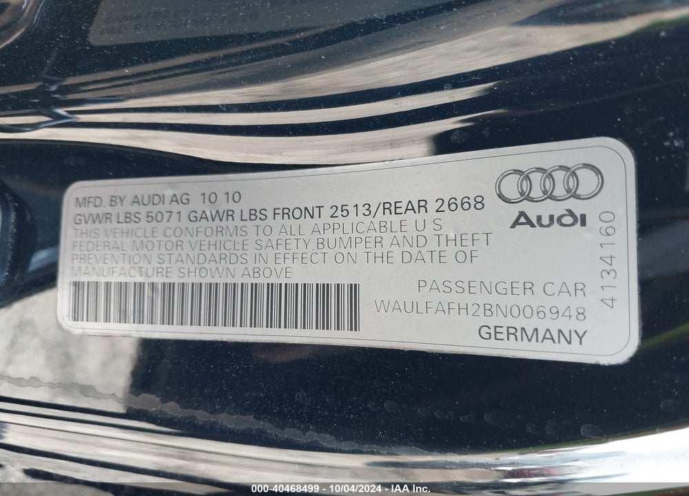 2011 AUDI A5 2.0T PREMIUM VIN: WAULFAFH2BN006948