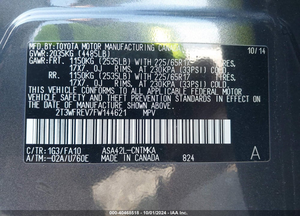 2015 TOYOTA RAV4 XLE VIN: 2T3WFREV7FW144621