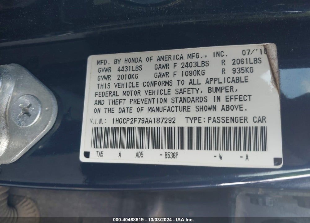 2010 HONDA ACCORD 2.4 EX VIN: 1HGCP2F79AA187292
