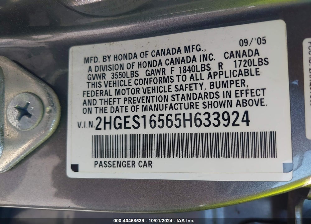 2005 HONDA CIVIC LX VIN: 2HGES16565H633924