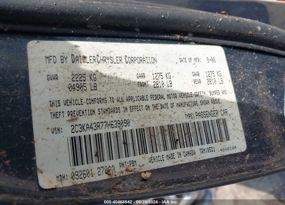 2007 CHRYSLER 300 VIN: 2C3KA43R77H639090
