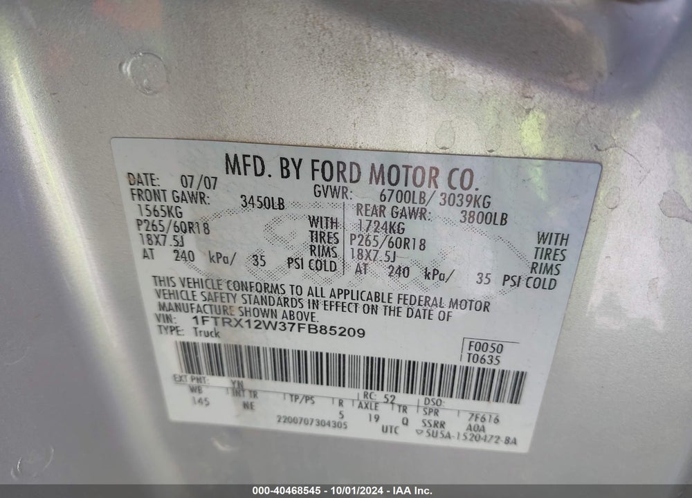2007 FORD F-150 STX/XL/XLT VIN: 1FTRX12W37FB85209