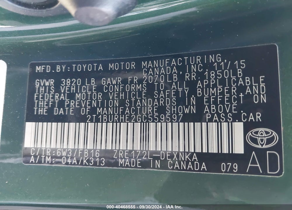 2016 TOYOTA COROLLA LE VIN: 2T1BURHE2GC559597