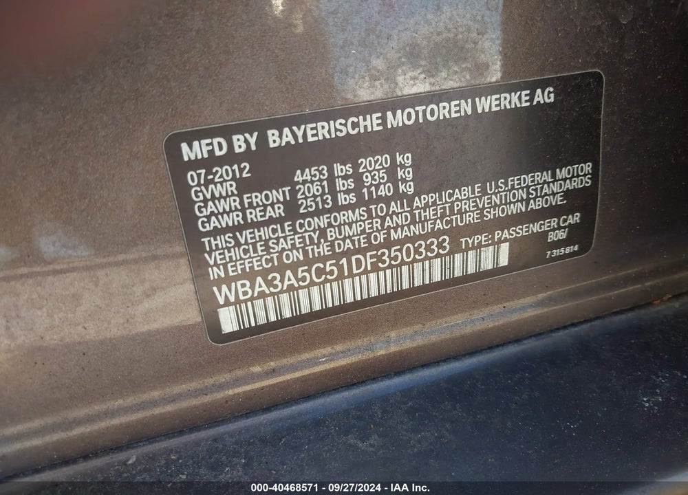 2013 BMW 328I VIN: WBA3A5C51DF350333