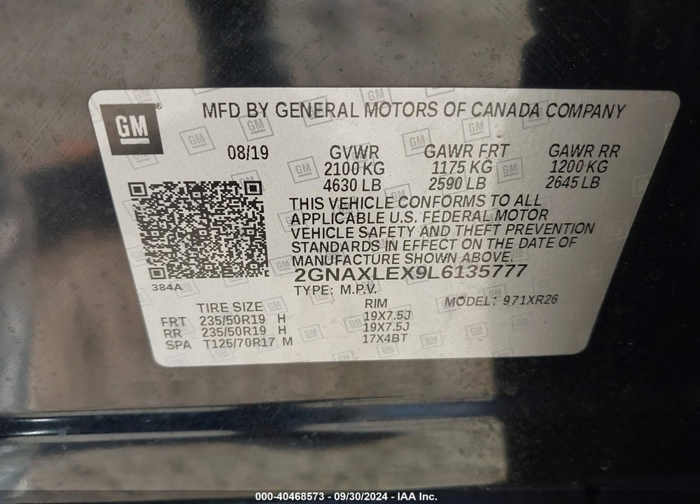 2020 CHEVROLET EQUINOX FWD LT 2.0L TURBO VIN: 2GNAXLEX9L6135777