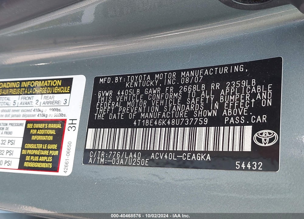 2008 TOYOTA CAMRY XLE VIN: 4T1BE46K48U737759