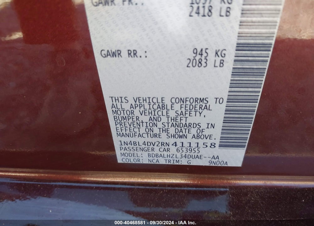 2024 NISSAN ALTIMA SV FWD VIN: 1N4BL4DV2RN411158