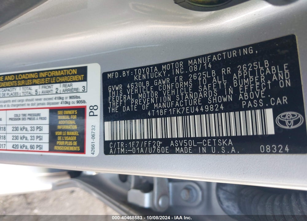 2014 TOYOTA CAMRY SE SPORT VIN: 4T1BF1FK7EU449824