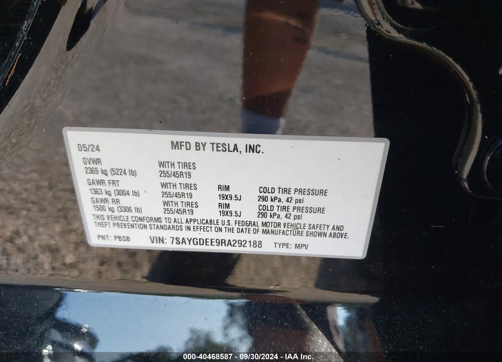 2024 TESLA MODEL Y LONG RANGE DUAL MOTOR ALL-WHEEL DRIVE VIN: 7SAYGDEE9RA292188