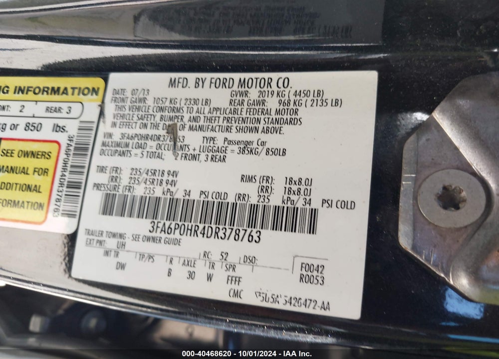 2013 FORD FUSION SE VIN: 3FA6P0HR4DR378763
