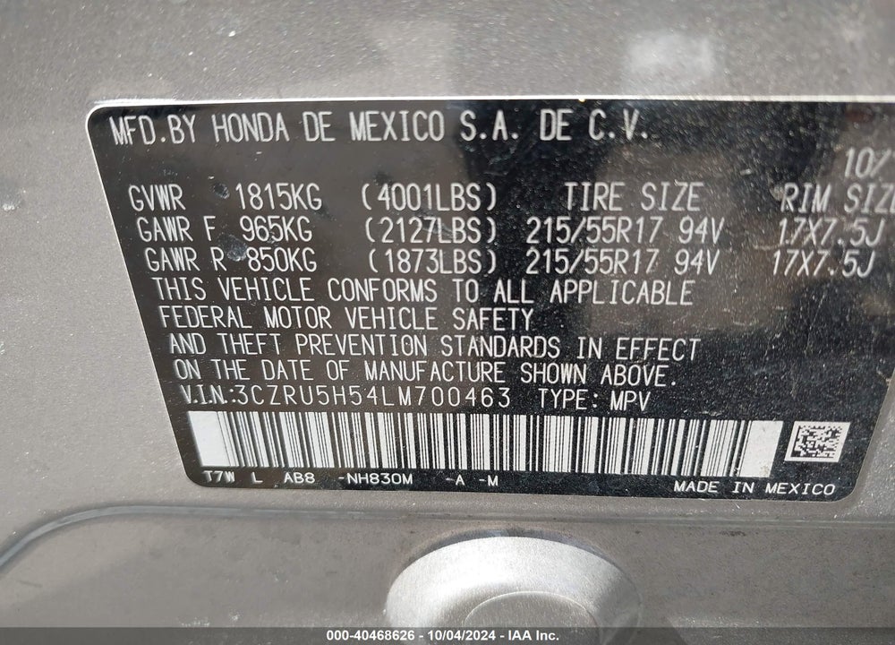 2020 HONDA HR-V 2WD EX VIN: 3CZRU5H54LM700463