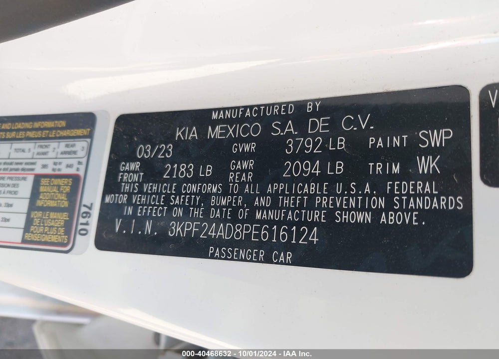 2023 KIA FORTE LXS VIN: 3KPF24AD8PE616124