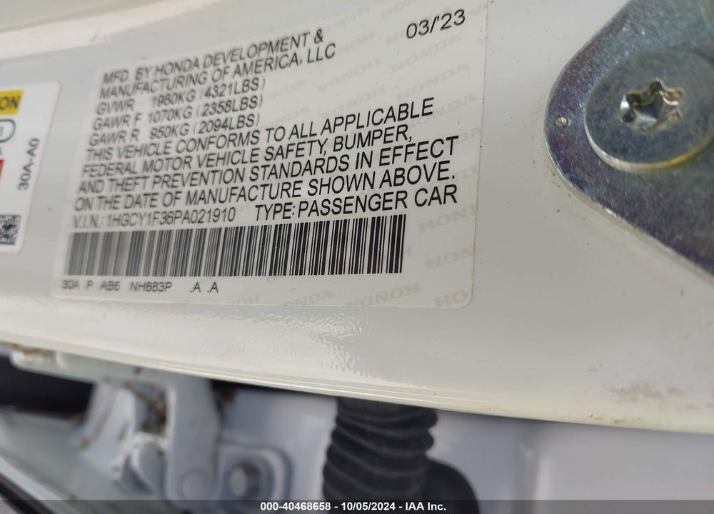 2023 HONDA ACCORD EX VIN: 1HGCY1F36PA021910