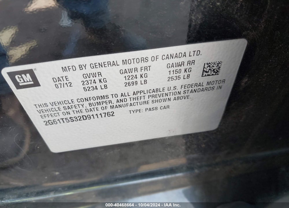 2013 CADILLAC XTS PREMIUM VIN: 2G61T5S32D9111762