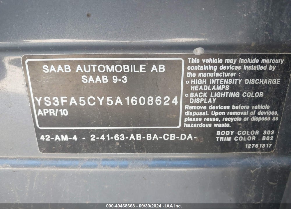 2010 SAAB 9 3 VIN: YS3FA5CY5A1608624