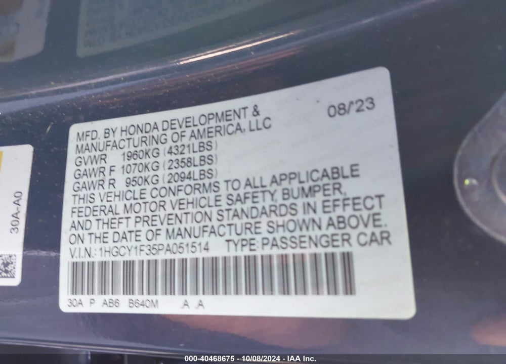2023 HONDA ACCORD EX VIN: 1HGCY1F35PA051514