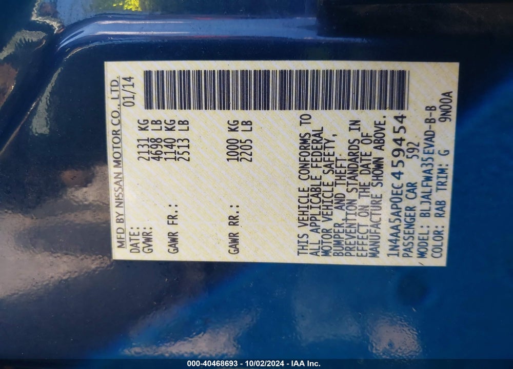 2014 NISSAN MAXIMA 3.5 SV VIN: 1N4AA5AP0EC459454