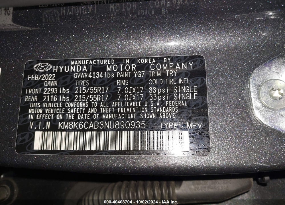 2022 HYUNDAI KONA SEL VIN: KM8K6CAB3NU890935