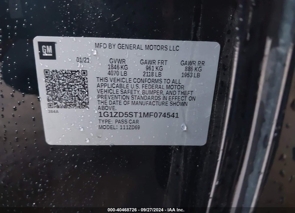 2021 CHEVROLET MALIBU FWD LT VIN: 1G1ZD5ST1MF074541
