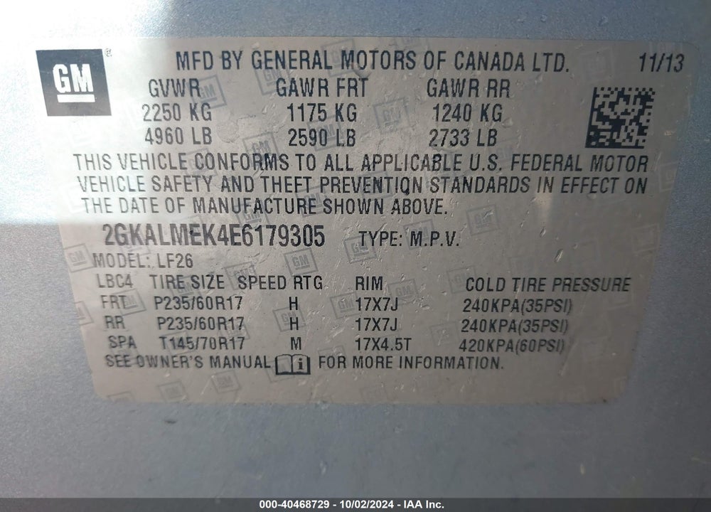 2014 GMC TERRAIN SLE-1 VIN: 2GKALMEK4E6179305