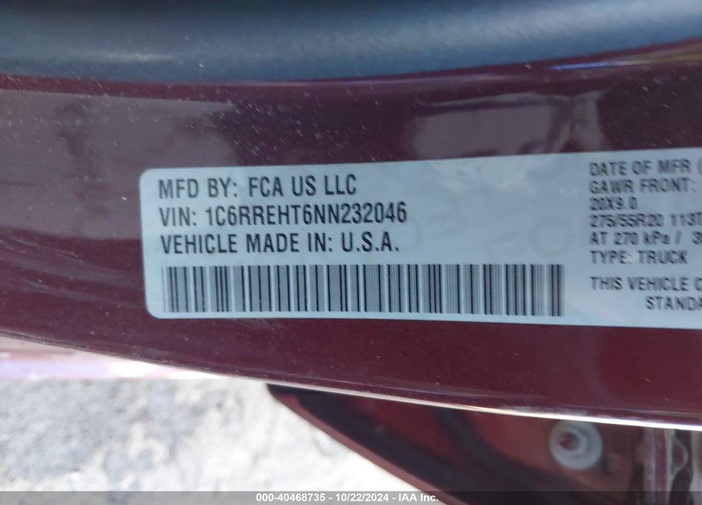 2022 RAM 1500 LIMITED  4X2 5'7 BOX VIN: 1C6RREHT6NN232046