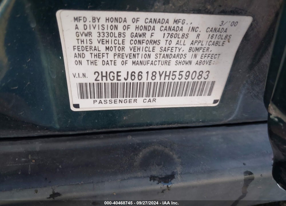 2000 HONDA CIVIC VALUE PACKAGE VIN: 2HGEJ6618YH559083