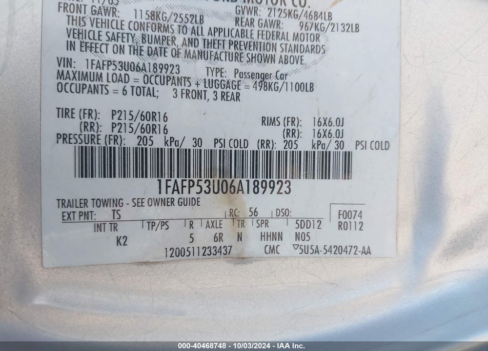 2006 FORD TAURUS SE VIN: 1FAFP53U06A189923