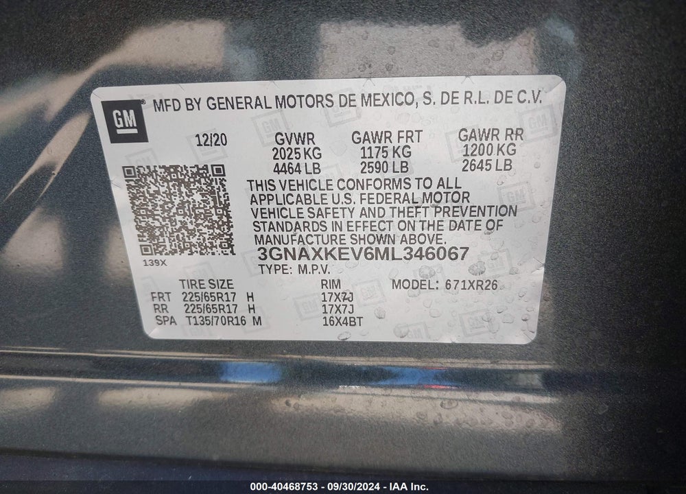 2021 CHEVROLET EQUINOX FWD LT VIN: 3GNAXKEV6ML346067