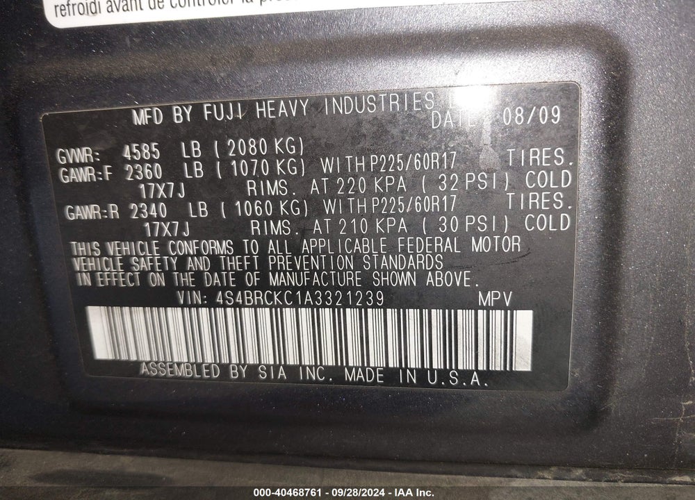 2010 SUBARU OUTBACK 2.5I LIMITED VIN: 4S4BRCKC1A3321239