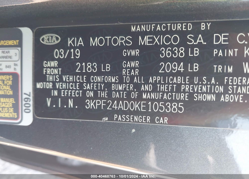 2019 KIA FORTE FE VIN: 3KPF24AD0KE105385