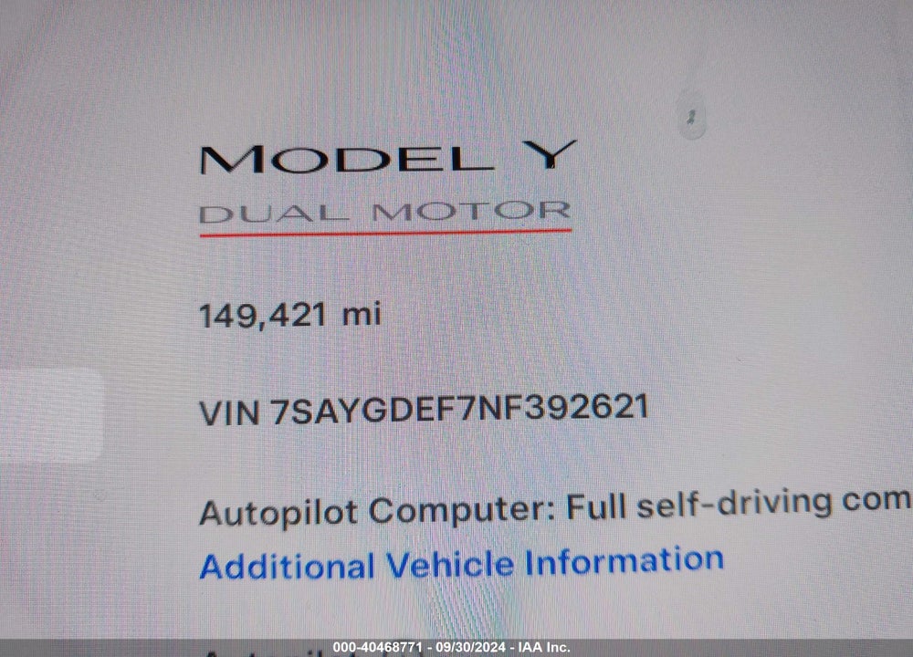 2022 TESLA MODEL Y PERFORMANCE DUAL MOTOR ALL-WHEEL DRIVE VIN: 7SAYGDEF7NF392621