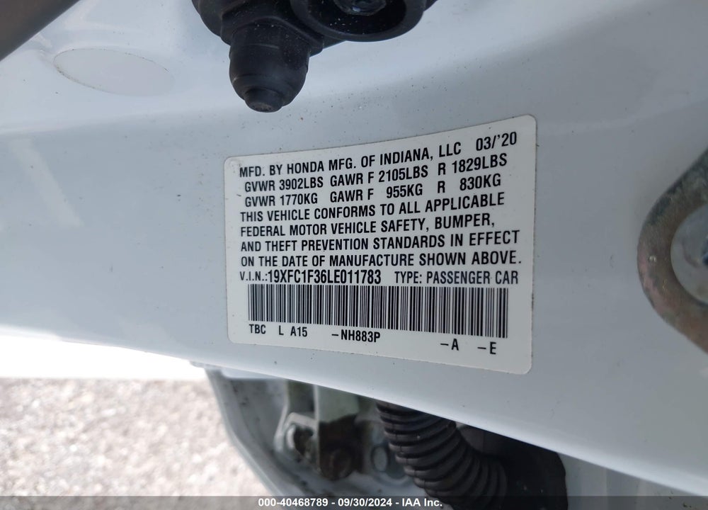 2020 HONDA CIVIC EX VIN: 19XFC1F36LE011783